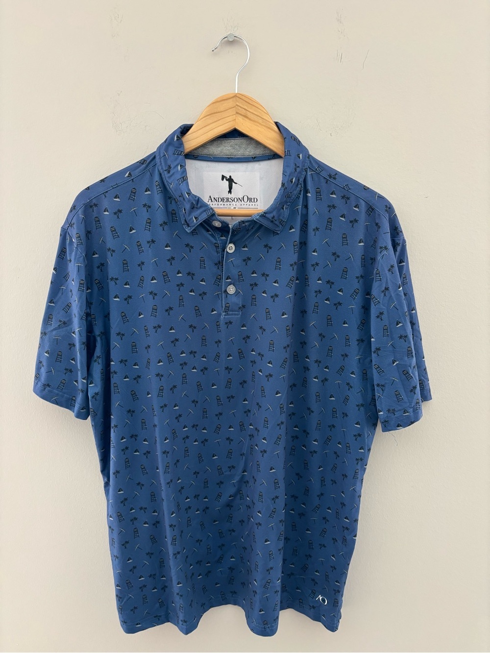 Anderson Ord Blue Printed Polo Shirt Men's Size L Performance Golf Polo